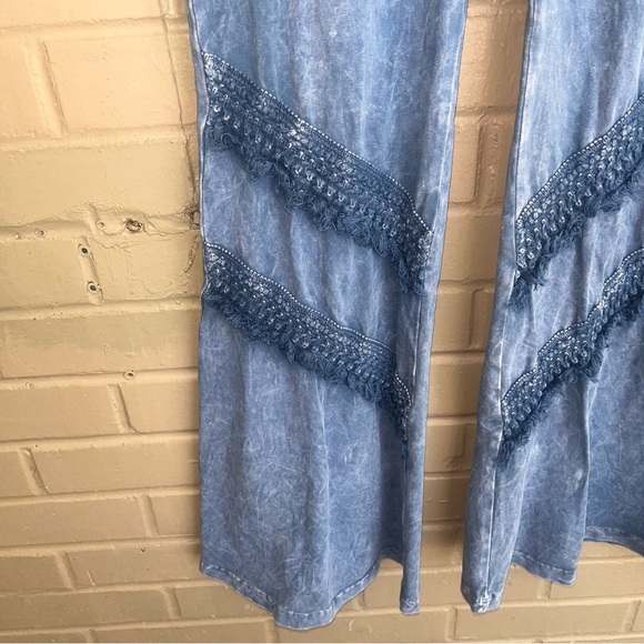 Chatoyant Steele Blue Stretch Lounge Flare Pants M Fringe $98 - Picture 5 of 7
